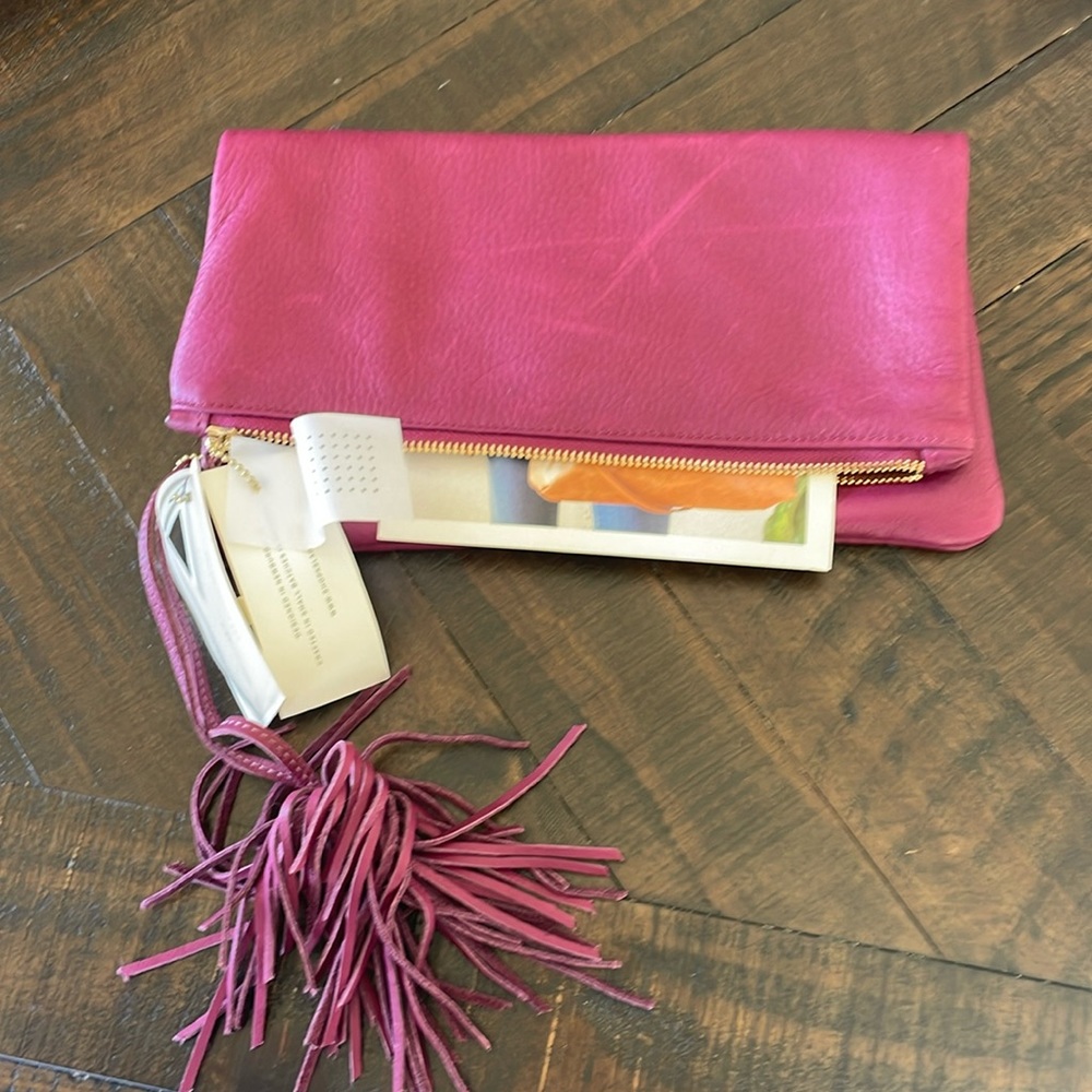 K Slade Elegant Fuchsia Leather Clutch with Tassel